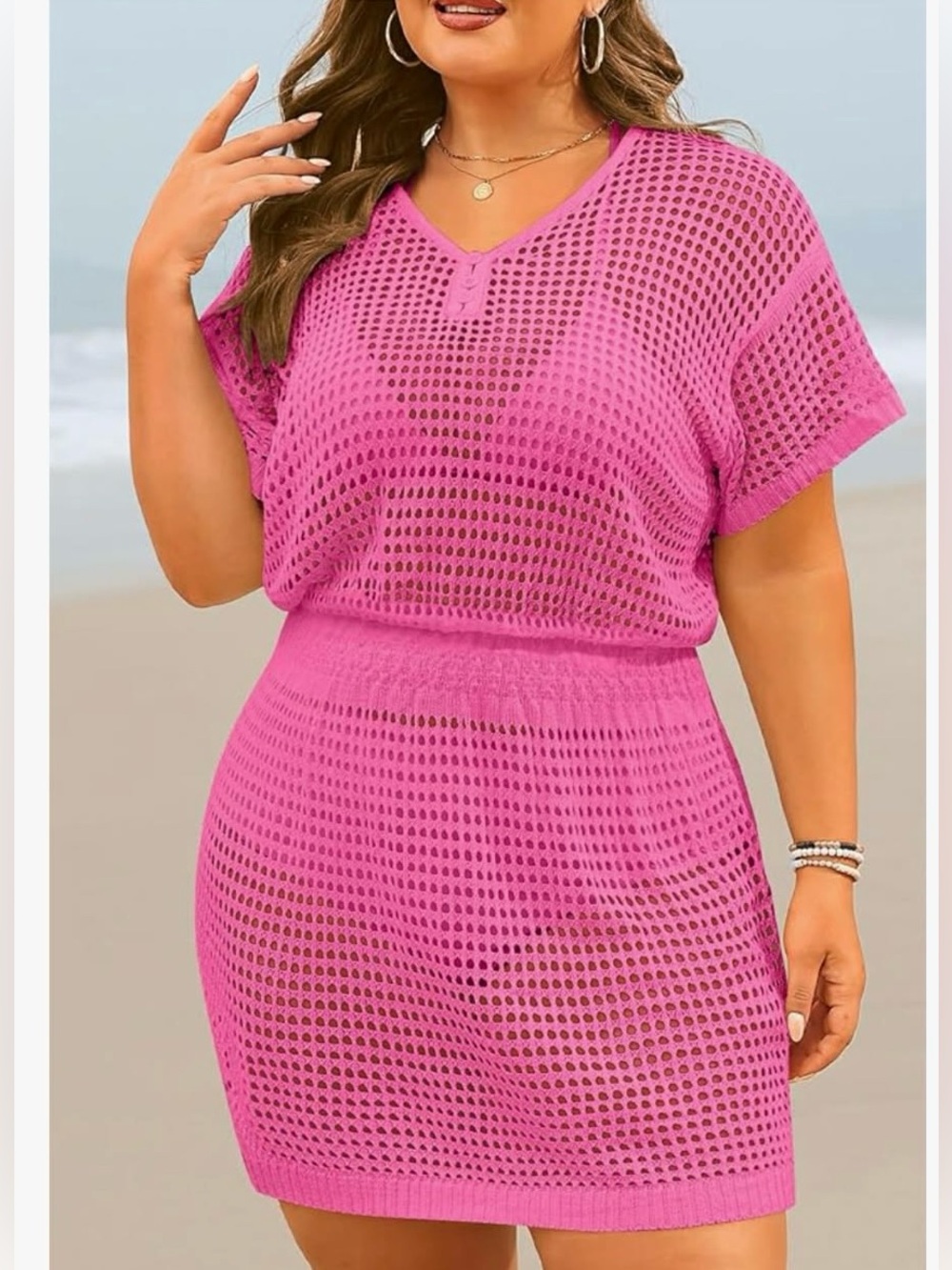 Plus-Size Pink Mesh Swim Cover-Up Dress